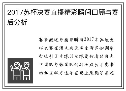 2017苏杯决赛直播精彩瞬间回顾与赛后分析