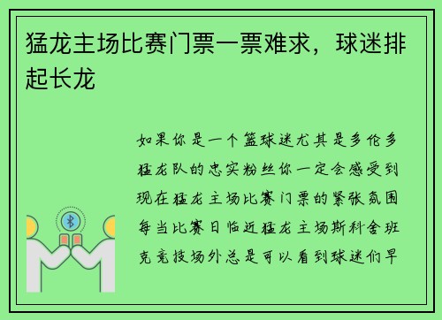 猛龙主场比赛门票一票难求，球迷排起长龙