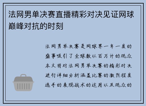 法网男单决赛直播精彩对决见证网球巅峰对抗的时刻